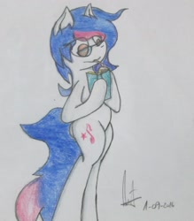 Size: 2704x3093 | Tagged: safe, artist:almaustral, oc, oc only, oc:bright wind, earth pony, pony, drinking, earth pony oc, glasses, high res, hoof hold, juice, juice box, signature, smiling, solo, traditional art
