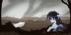 Size: 4000x2000 | Tagged: safe, artist:shepardinthesky, oc, oc only, pony, barbed wire, battlefield, cigarette, commission, detailed background, dirty, fire, forest fire, river, sad, sandbag, scenery, smoking, solo, stream, tree, water