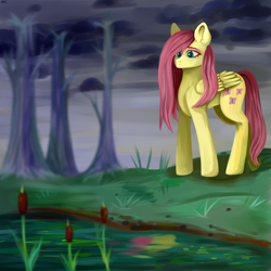 Size: 2000x2000 | Tagged: safe, artist:ske, fluttershy, pegasus, pony, g4, cattails, high res, reeds, sad, solo, tree, water