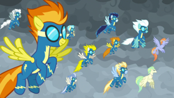 Size: 1920x1080 | Tagged: safe, screencap, blaze, fleetfoot, lightning streak, misty fly, silver lining, silver zoom, soarin', spitfire, surprise (g4), wind storm, wind waker, hippogriff, pegasus, pony, g4, the ending of the end, clothes, female, male, mare, smiling, stallion, uniform, wonderbolts uniform