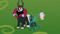 Size: 1920x1080 | Tagged: safe, screencap, cozy glow, lord tirek, queen chrysalis, alicorn, centaur, changeling, changeling queen, pony, g4, the ending of the end, alicornified, armor, bow, cloven hooves, colored hooves, cozycorn, female, filly, hair bow, male, nose piercing, nose ring, piercing, race swap, septum piercing, trio