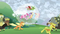 Size: 1920x1080 | Tagged: safe, screencap, applejack, fluttershy, pinkie pie, rainbow dash, rarity, spike, twilight sparkle, alicorn, changedling, changeling, dragon, earth pony, pegasus, pony, unicorn, yak, g4, the ending of the end, cloven hooves, cowboy hat, disguised changedling, female, flying, force field, hat, levitation, magic, male, mane seven, mane six, mare, running, self paradox, self ponidox, telekinesis, twilight sparkle (alicorn), winged spike, wings