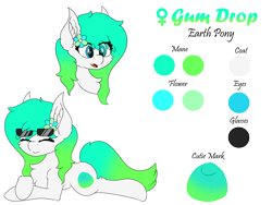 Size: 8000x6000 | Tagged: safe, artist:skylarpalette, oc, oc only, oc:gumdrop, earth pony, pony, cheek fluff, chest fluff, cute, ear fluff, earth pony oc, eyes closed, female, flower, fluffy, happy, lying down, mare, reference sheet, simple background, smiling, solo, sunglasses, sunglasses on head, transparent background