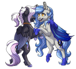 Size: 3222x2906 | Tagged: safe, artist:silentwolf-oficial, oc, oc only, bat pony, pegasus, pony, bat pony oc, bat wings, choker, coat markings, colored hooves, duo, high res, pegasus oc, rearing, simple background, socks (coat markings), transparent background, two toned wings, wings