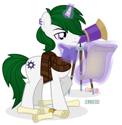 Size: 1167x1200 | Tagged: safe, artist:jennieoo, oc, oc only, oc:zenith night, pony, unicorn, g4, male, piercing, scroll, show accurate, simple background, solo, stallion, telescope, thinking, transparent background, vector