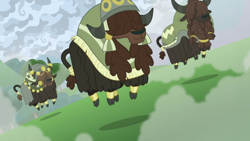 Size: 1920x1080 | Tagged: safe, screencap, yohimbine, yak, g4, the ending of the end, cloven hooves, male, trio, unnamed character, unnamed yak, yak stomp