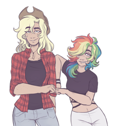 Size: 2800x3100 | Tagged: safe, artist:monnarcha, applejack, rainbow dash, human, g4, alternate hairstyle, applejack's hat, belly button, bracelet, breasts, clothes, cowboy hat, ear piercing, earring, eyeshadow, fanfic art, female, fist bump, flannel, freckles, grin, hat, height difference, high res, humanized, jeans, jewelry, lesbian, makeup, midriff, pants, piercing, raffle prize, ship:appledash, shipping, shirt, simple background, smiling, t-shirt, tank top, transparent background, wristband