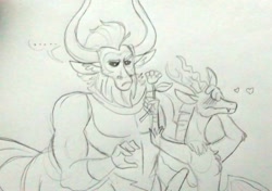 Size: 960x674 | Tagged: safe, discord, lord tirek, centaur, draconequus, g4, blushing, cute, discute, embarrassed, flower, gay, male, shipping, tirebetes, tirekcord, traditional art