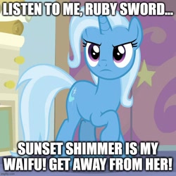 Size: 720x720 | Tagged: safe, edit, edited screencap, screencap, trixie, g4, student counsel, caption, image macro, implied oc, implied sunset shimmer, implied suntrix, text