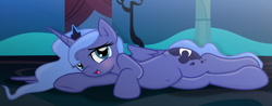 Size: 4097x1600 | Tagged: safe, artist:grapefruitface1, princess luna, alicorn, pony, g4, base used, belly button, blushing, cute, draw me like one of your french girls, female, looking at you, lunabetes, lying down, prone, s1 luna, show accurate, solo
