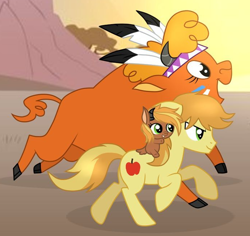 Size: 692x653 | Tagged: safe, braeburn, little strongheart, hybrid, g4, bisony, cropped, family, female, male, offspring, parent:braeburn, parent:little strongheart, parents:braeheart, ship:braeheart, shipping, straight