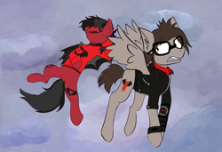 Size: 1920x1315 | Tagged: safe, artist:meaxtonly, bat pony, pegasus, pony, armband, bat wings, clandestine industries, clothes, cloud, commission, duo, duo male, ear fluff, fall out boy, fangs, flying, glasses, hoodie, jacket, lying down, male, mikey way, my chemical romance, on back, open mouth, pete wentz, ponified, relaxing, scarf, shirt, sky, spread wings, stallion, undershirt, wings, wristband, ych result