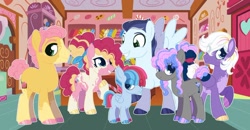 Size: 1280x665 | Tagged: safe, artist:vintagefeline, li'l cheese, pinkie pie, soarin', oc, oc:blueberry snickerdoodle whiskin' whipped cream amelia aviation pie, oc:harlequin, oc:sugarhigh goldrush, earth pony, pegasus, pony, g4, the last problem, alternate design, colored hooves, colt, eye clipping through hair, family, female, filly, male, mare, offspring, older li'l cheese, parent:pinkie pie, parent:soarin', parents:soarinpie, shipping, soarinpie, stallion, straight, sugarcube corner