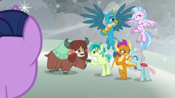 Size: 1920x1080 | Tagged: safe, screencap, gallus, ocellus, sandbar, silverstream, smolder, twilight sparkle, yona, alicorn, changedling, changeling, classical hippogriff, dragon, earth pony, griffon, hippogriff, pony, yak, g4, the ending of the end, bow, cloven hooves, colored hooves, dragoness, female, force field, hair bow, jewelry, magic, male, monkey swings, necklace, shipping fuel, stallion, student six, teenager, twilight sparkle (alicorn)