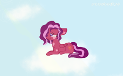 Size: 700x434 | Tagged: safe, artist:poniartsy, oc, oc only, oc:cinnamon hearts, pegasus, pony, cloud, day, female, floppy ears, hearts on cheeks, looking up, lying down, lying on a cloud, on a cloud, pegasus oc, solo, wings