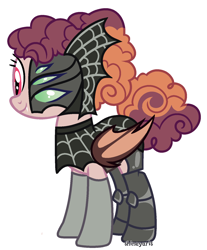 Size: 1314x1588 | Tagged: safe, artist:shineyaris, oc, oc only, oc:autumn fall (ice1517), bat pony, pony, armor, bat pony oc, bat wings, boots, clothes, fangs, female, gloves, helmet, mare, mask, shoes, simple background, solo, spider web, white background, wings