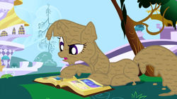 Size: 1280x720 | Tagged: safe, edit, edited screencap, screencap, twilight sparkle, pony, unicorn, friendship is magic, g4, book, book of harmony, covered in mud, dirty, female, lying down, mare, messy, mud, mud edit, muddy, paint.net, prone, reading, solo, unicorn twilight, wet and messy