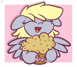 Size: 1200x1040 | Tagged: dead source, safe, artist:php142, derpy hooves, pegasus, pony, g4, bow, cute, derpabetes, eyes closed, female, food, implied doctor whooves, implied doctorderpy, implied shipping, implied straight, mare, muffin, open mouth, solo