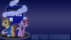Size: 1360x768 | Tagged: safe, artist:flamingo1986, artist:guandi97, artist:rt18, doctor whooves, time turner, twilight sparkle, earth pony, pony, unicorn, g4, clothes, doctor who, doctor whooves adventures, duo, female, magic, male, mare, necktie, simple background, sonic screwdriver, stallion, suit, tardis, telekinesis, the doctor, unicorn twilight
