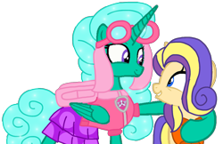 Size: 1612x1046 | Tagged: safe, artist:徐詩珮, glitter drops, oc, oc:peppermint apple, alicorn, pony, bubbleverse, series:sprglitemplight diary, series:sprglitemplight life jacket days, series:springshadowdrops diary, series:springshadowdrops life jacket days, g4, alicornified, alternate universe, base used, clothes, cute, glittercorn, lifejacket, magical lesbian spawn, offspring, older, older glitter drops, parent:applejack, parent:rarity, parents:rarijack, paw patrol, race swap, simple background, skye (paw patrol), transparent background