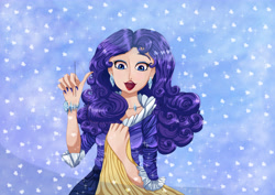 Size: 4093x2894 | Tagged: safe, artist:theladysknight, rarity, human, g4, alternate hairstyle, bracelet, clothes, coat, dress, ear piercing, earring, eyeshadow, female, fur coat, humanized, jacket, jewelry, lipstick, makeup, nail polish, necklace, needle, open mouth, piercing, sewing needle, solo, thread
