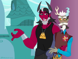 Size: 2048x1552 | Tagged: safe, discord, lord tirek, human, g4, twilight's kingdom, blushing, gay, horn, horned humanization, humanized, male, scene interpretation, scorpan's necklace, shipping, tirekcord