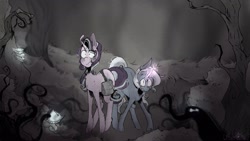 Size: 1921x1081 | Tagged: safe, artist:urbanqhoul, starlight glimmer, trixie, pony, unicorn, g4, bag, duo, forest, glowing mushroom, mushroom, saddle bag, scared