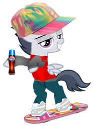 Size: 1873x2500 | Tagged: safe, artist:rapmlpandbttffan23, edit, rumble, pegasus, pony, g4, back to the future, back to the future ii, back to the future part 2, bipedal, bttf, clothes, colt, hat, hoverboard, jacket, looking at you, male, nike, pants, pepsi, pepsi perfect, shoes, simple background, soda, solo, transparent background