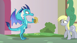 Size: 1280x720 | Tagged: safe, screencap, derpy hooves, princess ember, dragon, pegasus, pony, g4, triple threat, backing away, duo, duo female, female, food, muffin, r.i.p derpy's delicious muffin, shocked expression, squashed, squashing, this will end in revenge