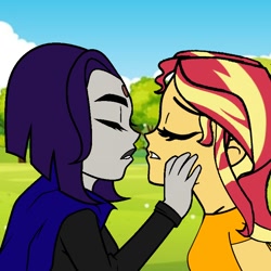 Size: 768x768 | Tagged: safe, artist:thatradhedgehog, sunset shimmer, equestria girls, g4, crossover, eyes closed, female, imminent kissing, kissing, lesbian, raven (dc comics), shimrav, teen titans