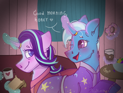 Size: 1024x768 | Tagged: safe, artist:valkiria, derpibooru exclusive, starlight glimmer, trixie, pony, unicorn, g4, banana, bathrobe, clothes, coffee, cookie, couch, cup, cute, donut, female, food, glowing horn, grapes, heart, horn, jewelry, lesbian, looking at each other, love, magic, mare, older, older starlight glimmer, older trixie, open mouth, pajamas, redraw, ring, robe, sandwich, ship:startrix, shipping, smiling, speech bubble, stars, table