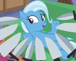 Size: 480x384 | Tagged: safe, edit, edited screencap, screencap, trixie, pony, unicorn, g4, road to friendship, belly, cropped, knife, meme, offscreen character, solo, sword, tangled (disney), weapon