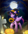 Size: 2160x2610 | Tagged: safe, artist:strafe blitz, twilight sparkle, alicorn, pony, unicorn, g4, candle, cape, clothes, costume, ear fluff, female, forest, full moon, gravestone, halloween, halloween costume, hat, high res, holiday, jack-o-lantern, moon, mouth hold, nightmare night, pumpkin, pumpkin bucket, sky, solo, tree, tree branch, twilight sparkle (alicorn), witch, witch hat