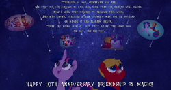 Size: 2000x1056 | Tagged: safe, artist:pilot231, twilight sparkle, oc, oc:max mustang, alicorn, earth pony, pony, unicorn, mlp fim's tenth anniversary, g4, 10, canon x oc, disney, golden oaks library, happy birthday mlp:fim, kingdom hearts, meteor shower, movie accurate, night, quote, seaponified, shooting star, species swap, twilight sparkle (alicorn), vector