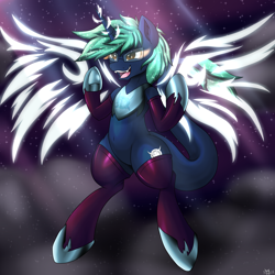 Size: 2500x2500 | Tagged: safe, artist:novaspark, oc, oc only, oc:nova spark, monster pony, original species, tatzlpony, artificial wings, augmented, clothes, fangs, flying, glowing eyes, glowing horn, high res, horn, jewelry, magic, magic wings, nightmarified, regalia, solo, stockings, thigh highs, wings