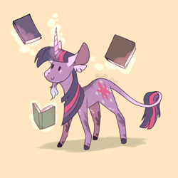 Size: 2000x2000 | Tagged: safe, artist:glitterstar2000, twilight sparkle, classical unicorn, pony, unicorn, g4, beard, book, bookhorse, facial hair, female, goatee, high res, horn, leonine tail, levitation, magic, mare, simple background, solo, telekinesis, unicorn twilight, yellow background