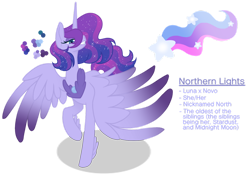 Size: 1280x903 | Tagged: safe, artist:magicuniclaws, oc, oc only, oc:northern lights, alicorn, hybrid, pony, colored wings, colored wingtips, female, magical lesbian spawn, mare, offspring, parent:princess luna, parent:queen novo, simple background, solo, transparent background