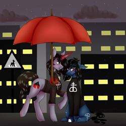 Size: 2500x2500 | Tagged: safe, artist:sombralicious, pony, undead, zombie, zombie pony, bone, bring me the horizon, city, clothes, cloud, commission, disguise, disguised siren, drop dead clothing, duo, duo male, floppy ears, glowing horn, high res, horn, kellin quinn, long sleeves, magic, magic aura, male, oliver sykes, outdoors, ponified, rain, road, road sign, scar, shirt, sitting, sky, sleeping with sirens, stallion, stitches, t-shirt, tattoo, torn ear, umbrella, ych result