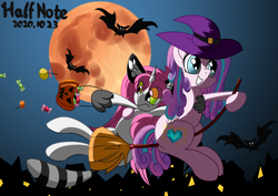 Size: 3508x2480 | Tagged: safe, oc, oc:half note, bat, pony, unicorn, broom, flying, flying broomstick, hat, high res, horn, moon, night, nightmare night, unicorn oc, witch hat