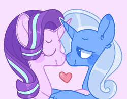 Size: 461x357 | Tagged: safe, artist:sun-rabbit-art, starlight glimmer, trixie, pony, unicorn, g4, eyes closed, female, heart, lesbian, mare, pink background, ship:startrix, shipping, simple background, smiling