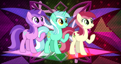 Size: 4096x2160 | Tagged: safe, artist:cloudy glow, artist:laszlvfx, edit, amethyst star, lyra heartstrings, roseluck, sparkler, earth pony, pony, unicorn, g4, female, high res, mare, show accurate, trio, wallpaper, wallpaper edit