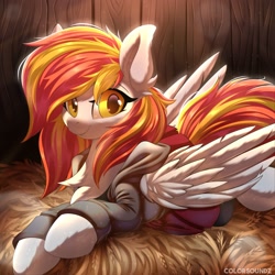 Size: 2500x2500 | Tagged: safe, artist:ask-colorsound, oc, oc only, oc:diamond sun, pegasus, pony, barn, clothes, commission, female, fluffy, hay, high res, looking at you, lying down, mare, solo, ych result