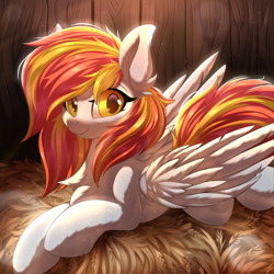 Size: 5000x5000 | Tagged: safe, alternate version, artist:ask-colorsound, oc, oc only, oc:diamond sun, pegasus, pony, absurd resolution, barn, commission, female, fluffy, hay, looking at you, lying down, mare, solo, ych result
