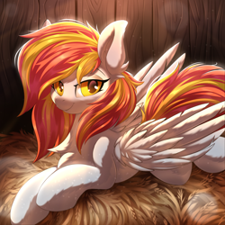 Size: 5000x5000 | Tagged: safe, alternate version, artist:ask-colorsound, oc, oc only, oc:diamond sun, pegasus, pony, absurd resolution, barn, bedroom eyes, commission, female, fluffy, hay, looking at you, lying down, mare, solo, ych result