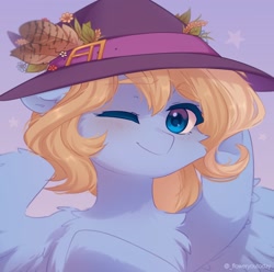 Size: 1279x1268 | Tagged: safe, artist:floweryoutoday, oc, oc only, oc:lusty symphony, pegasus, pony, bust, commission, female, flower, hat, leaves, mare, one eye closed, pegasus oc, smiling, wings, wink