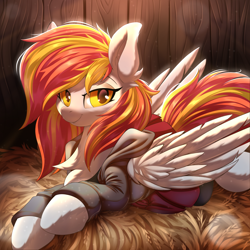 Size: 5000x5000 | Tagged: safe, alternate version, artist:ask-colorsound, oc, oc only, oc:diamond sun, pegasus, pony, absurd resolution, barn, bedroom eyes, clothes, commission, female, fluffy, hay, looking at you, lying down, mare, solo, ych result