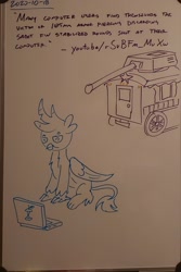 Size: 1544x2312 | Tagged: safe, artist:sketchwork_gd_inuk, gallus, griffon, g4, computer, implied trixie, laptop computer, quote, solo, tank (vehicle), traditional art, trixie's wagon, whiteboard