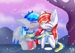 Size: 1754x1240 | Tagged: safe, artist:tresmariasarts, oc, oc only, oc:diamond sun, oc:hawker hurricane, pegasus, pony, blushing, cheek kiss, chocolate, clothes, commission, duo, eyes closed, female, food, hawkmond, hot chocolate, kissing, male, mare, oc x oc, scarf, shipping, snow, snowfall, stallion, straight, wings, ych result
