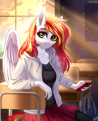 Size: 3000x3720 | Tagged: safe, artist:hakaina, oc, oc only, oc:diamond sun, pegasus, anthro, anthro oc, bag, bushy brows, cellphone, chair, classroom, clothes, commission, desk, dust, female, high res, hoodie, light rays, looking at you, mare, pegasus oc, phone, sitting, skirt, smartphone, solo, window, wings, ych result