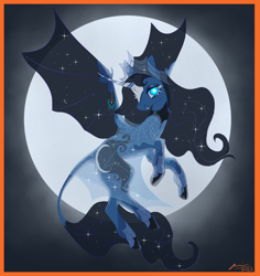 Size: 1700x1800 | Tagged: safe, artist:creeate97, princess luna, alicorn, bat pony, bat pony alicorn, pony, spider, g4, alternate design, bat wings, clothes, cute, cute little fangs, dress, fangs, female, flying, full moon, halloween, holiday, horn, leonine tail, looking at you, mare, moon, night, race swap, see-through, solo, wings